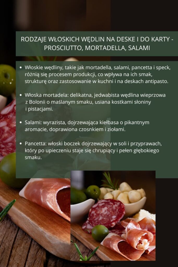Rodzaje wloskich wedlin na deske i do karty - prosciutto, mortadella, salami