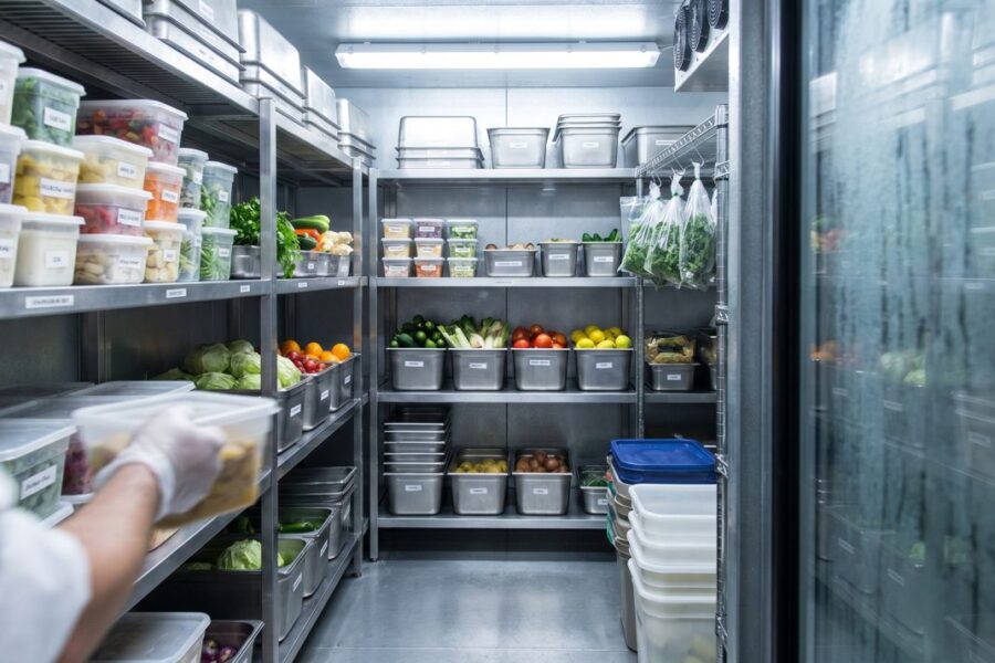Przechowywanie żywności w gastronomii - chłodnia z oznakowanymi pojemnikami