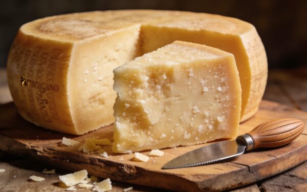 Krąg sera Parmigiano Reggiano z odkrojonym kawałkiem na drewnianej desce