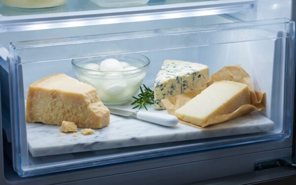 Włoskie sery przechowywane w lodówce - parmezan, mozzarella, gorgonzola