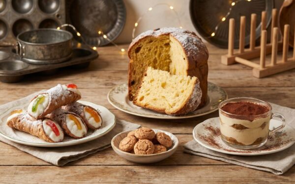 Tradycyjne włoskie słodycze - cannoli, panettone, tiramisu