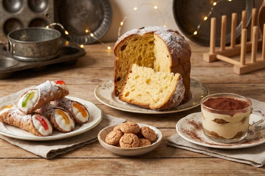 Tradycyjne włoskie słodycze - cannoli, panettone, tiramisu