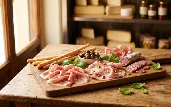 Włoskie wędliny – prosciutto, mortadela i salami na desce