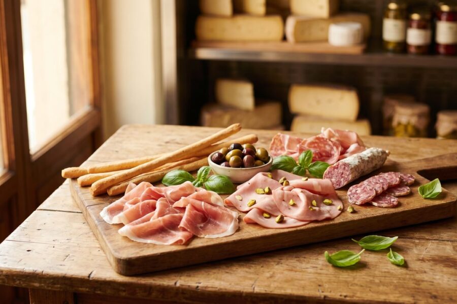 Włoskie wędliny – prosciutto, mortadela i salami na desce