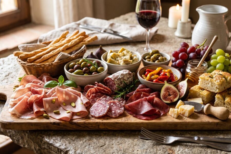 Deska włoskich wędlin - prosciutto, mortadela i salami