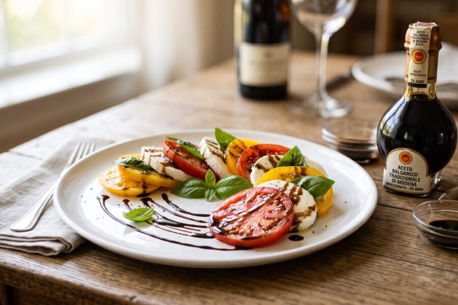 Ocet balsamiczny z Modeny na talerzu w restauracji